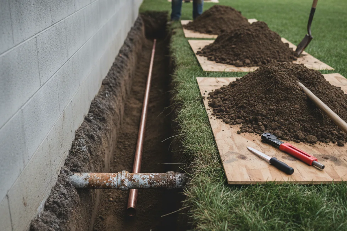 Excavated water line trench during Water Softener Installation in Roslyn
